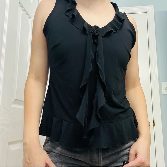 Y2K Vintage Blouse Black Ruffle Front Coquette Dainty Wetern Gothic Medium - Picture 2 of 6